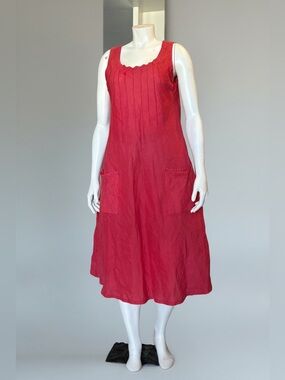 100% Linen Red Sleeveless A-Line Dress Size Small Lightweight Front Patch Pocket